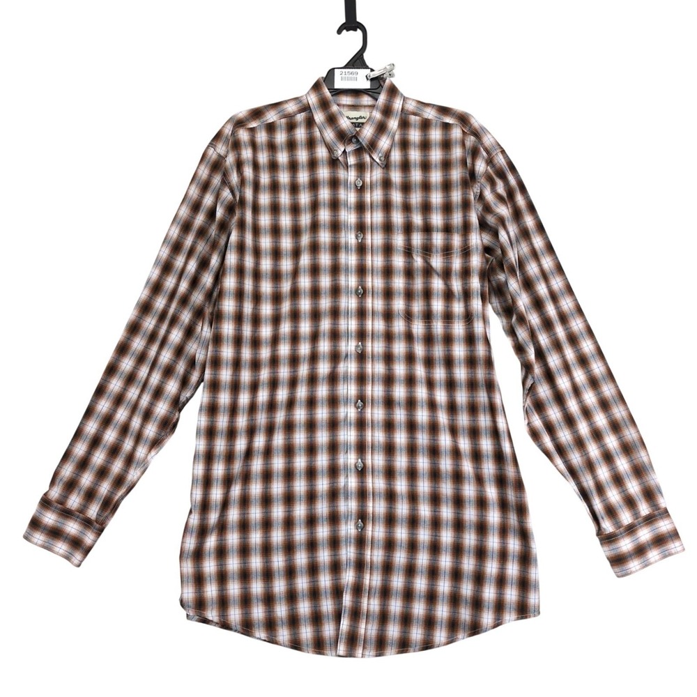 Wrangler Riata Brown Plaid Button Down Shirt Mens L Tall Western Ranch Cowboy